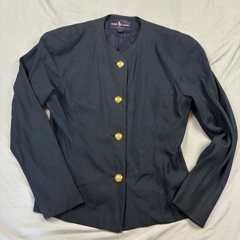 Ralph Lauren Purple Label Silk Blazer Womens 12 Navy Gold Crest Button USA